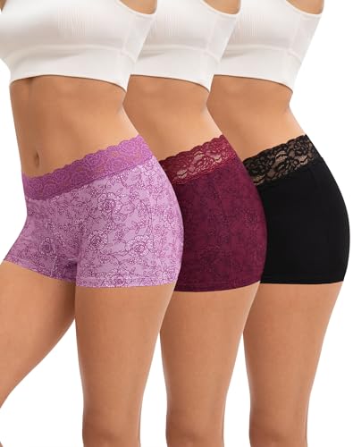 INNERSY Unterhosen Damen mit Bein Baumwolle Boxershorts Hose Unter Kleid Spitzen Shorts 3er Pack (M, Schwarz/Rote Rose/Lila Rose)