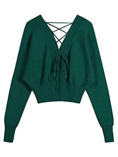Image of ZAFUL Women V Neck Button Knit Crop Sweaters Batwing Sleeve V Back Ribbed Hem Pullover Sweater
