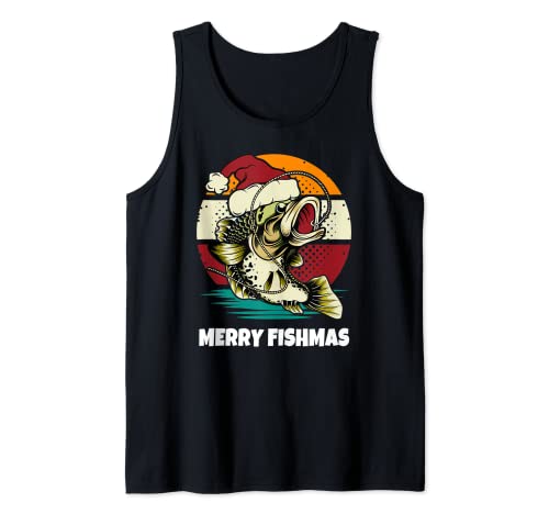Navidad Pesca Amantes Retro Vintage Puesta de sol Feliz Vacaciones Camiseta sin Mangas