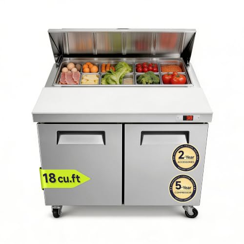 Image of TimeNew 60" W Sandwich Prep Table Refrigerator, 18.3 Cu.ft, 33-40°F Commercial Refrigerator with Removable Cutting Board & 16 Pans, 2 Door SS430 Stainless Steel for Restaurant, Food Truck, Bar,Shops