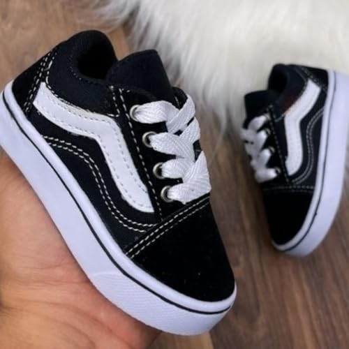 Tênis Baby Infantil Básico Escolar Old Skool Cadarço Van Ns (Preto Com Branco, BR, Criança de 4 a 8