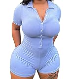  ORANDESIGNE Combinaison en Tricot Femme Manche Courte Bodysuit Sexy Col en V Combishort Serrée Une Pièce Moulante Barboteuse Vintage Y2k Streetwear E Bleu M