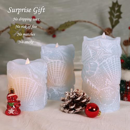 Silverstro Ocean Flameless Candles Remote Carved Seashell Real Wax Flicker Battery Operated Candles for Home Party Wedding Nautical Thanksgiving Christmas Easter Decor - Set of 3(Blue) - Image 4