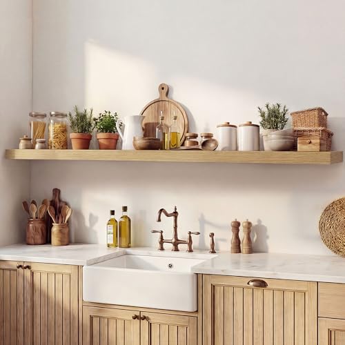Image of Dreamland 55 Inches Floating Shelves for Wall, 9.3 inch Deep Long Floating Shelves Set of 1, Large Display & Storage Shelf, Wall Shelf for Bathroom Bedroom Living Room Kitchen Office, Oak