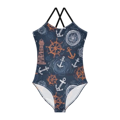 Girls Swimsuit Hand Drawn Anchor Rudder Pattern One Piece Swimwear