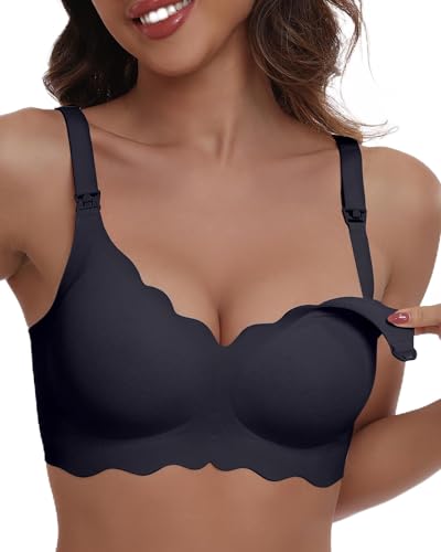 Image of As Fairy Nursing Bras for Breastfeeding and Pumping Seamless Wireless Padded Nursing & Maternity Padded Bra (Top and Bottom Floral Wave Charcoal Grey S)