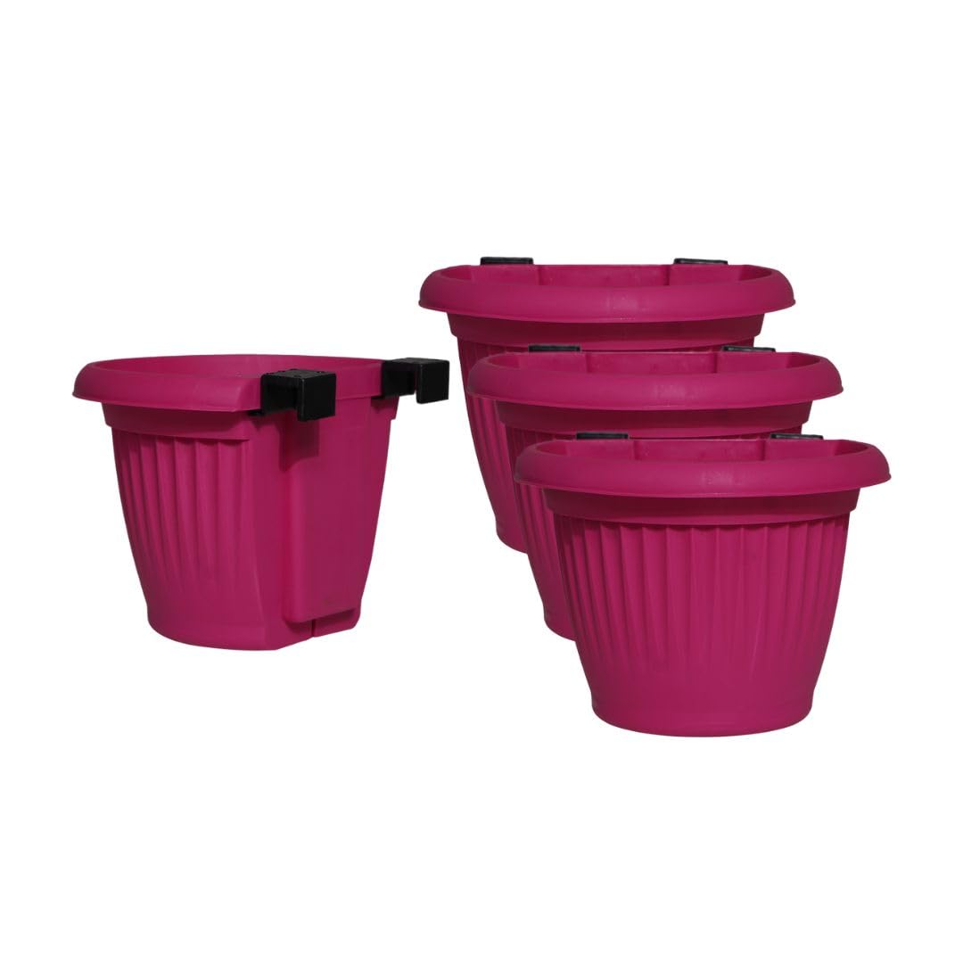Harshdeep Railing Planter for Balcony - Bello - Indoor Outdoor Home Terrace Garden Decorative Hanging Flower Pot 8 Inch Set of 4 (Pink)