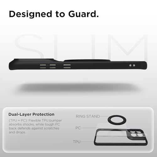 Image of RIGGEAR Shockproof Sleek Hybrid Armor 360 Rotating Magnetic Ring Stand Back Cover Case Compatible with MagSafe Accessories for Motorola Moto Edge 70 Pro /Edge 70 Pro Plus (Clear PC + Black TPU Bumper)