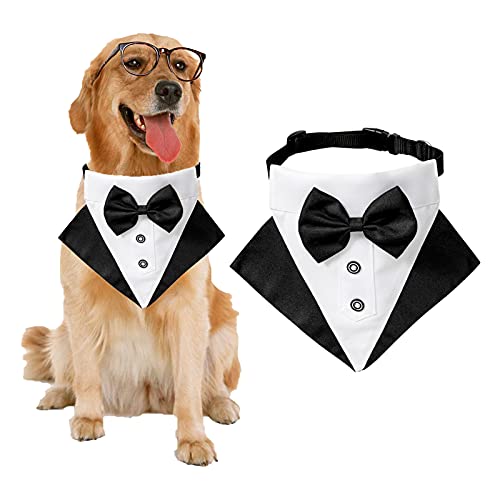 Formal Dog Tuxedo Bandana Dog Wedding Bandana Collar Dog Collar with Bow Tie Adjustable Dog Bowtie Collar Bandana for Small Medium Large Dog Pet (Balck, M)