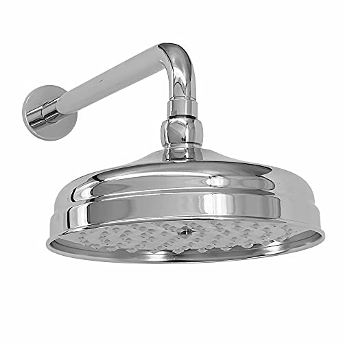Image of ENKI, RA073, 200mm Traditional Wall Mounted Fixed Large Shower Head Chrome, Solid Brass, 320mm Shower Arm, Round Rose, Mixer Rainfall Shower, Modern Design Easy Clean & Easy to Install