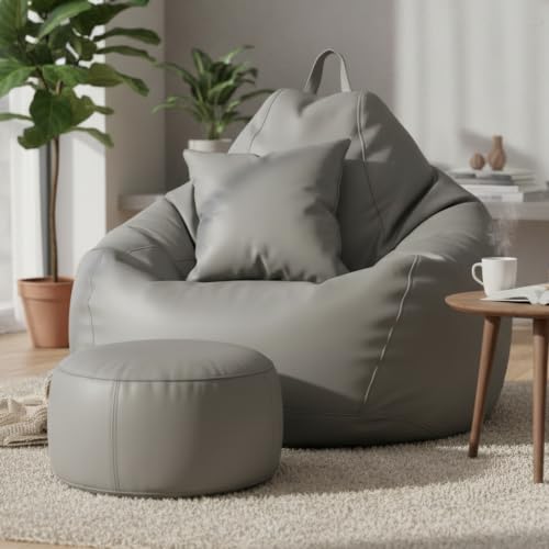 Image of KAM'S LIEU Leatherette Bean Bag Chair with Footrest | Filled with EPS Beans | Comfortable Sofa for Living Room & Bedroom | 4XL Size, Easy to Clean Color- (Grey)