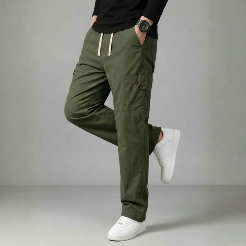 Image of Cargo for Men | Cotton Cargo Pant | Lower for man | Elastic Drawstring Waist Straight Fit Bottoms | Comfortable Breathable Summer Cargos for Casual, Office Wear