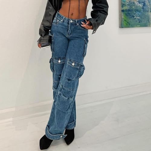 Womens Baggy Cargo Jeans Y2K Multi-Pocket Low Waist Wide Leg Pants Loose Trousers Grunge Clothes Hip Hop Streetwear4