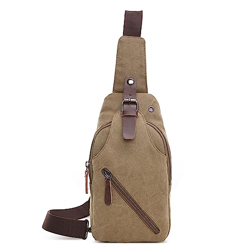 Uomo Borsa sul Petto Leggero a Tracolla per 7.9 Pollici iPad con Foro Auricolari Piccolo Sling per Viaggio Allaperto Alpinismo Lavoro Quotidiano Tela Uomo Borse Messenger Cachi