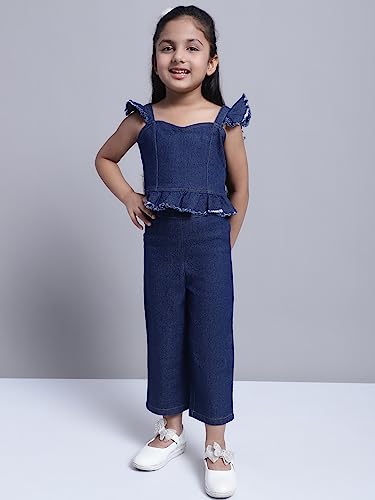 Image of superminis Girl's Denim Solid Top And Trouser Co-Ords Set Dress | Stylish & Comfortable