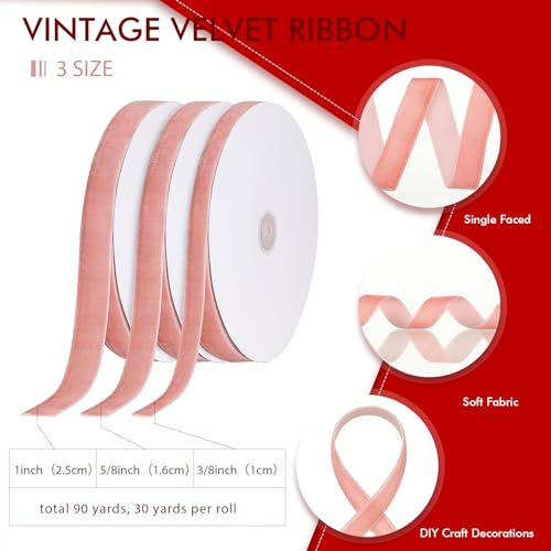 Yilloog 3/8'' 5/8'' 1'' 90 Yards Christmas Velvet Ribbon Vintage Satin Fabric Velvet Ribbon Roll for Christmas Tree Ornaments Decoration Gift Wrapping Bow DIY Crafts (Rose Gold) by Yilloog - Used condition - Image 2
