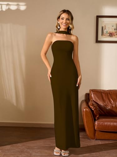 Image of HTZMO Women Elegant Summer Bodycon Maxi Dress Halter Neck Formal Wedding Guest Cocktail Party Long Dresses