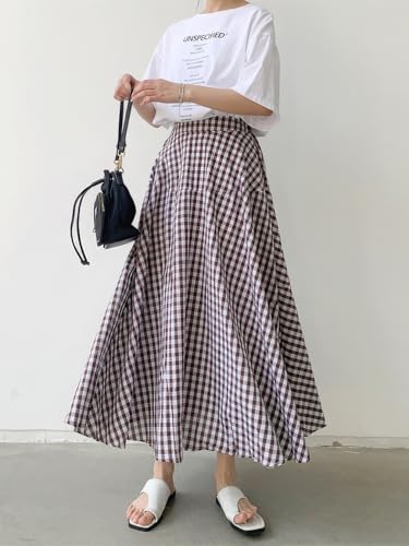 ebossy Women's Casual Retro Plaid A-Line Swing Boho Skirts Elastic Waist Flared Gingham Long Skirts4