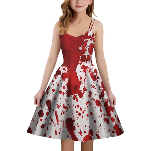 Robe Halloween médiévale pour fille - Costume de fête gothique - Robe de soirée élégante ligne A sans bretelles - Imprimé taché de sang - Fête d'enfants Carnaval Cosplay Déguisement, Blanc., 13-14 ans
