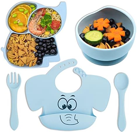 Hoseay Feeding Set for Baby, Set of 5 Toddler Weaning Kit Silicone Plate Bowls with Suction, Bibs Spoon Fork Cutlery Set, First Meal Tableware for Kids Girls Boys Easy Clean/Wipe, BPA Free, Blue
