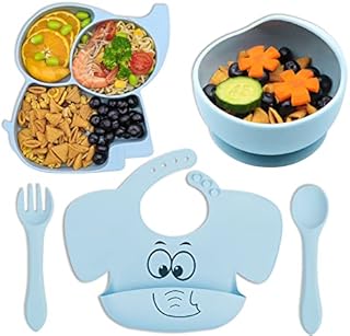 Hoseay Feeding Set for Baby, Set of 5 Toddler Weaning Kit Silicone Plate Bowls with Suction, Bibs Spoon Fork Cutlery Set, First Meal Tableware for Kids Girls Boys Easy Clean/Wipe, BPA Free, Blue