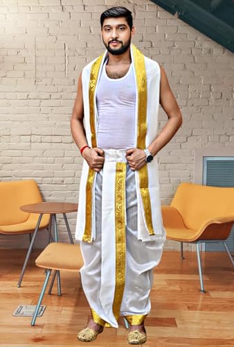 Image of Men's Ethnic | Traditional Ready to wear (Pant System) Readymade Panchakacham Dhoti With Angavastram(Towel) Set, Tassar Silk, Free Size (GC002)