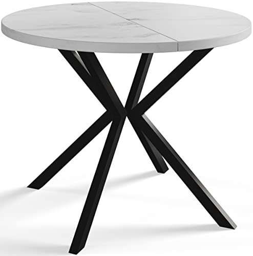 Alpimeble Mesa De Comedor Redonda Loft Liten, Mesa Extensible, Diámetro: 100 Cm 180 Cm, Mesa De Salón, Color Mármol, Con Patas De Metal En Color Negro Alpimeble Mesa De Comedor Redonda Loft Liten, Mesa Extensible, Diámetro: 100 Cm 180 Cm, Mesa De Salón, Color Mármol, Con Patas De Metal En Color Negro