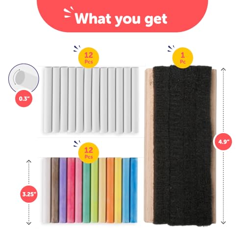 Kedudes Dustless Chalk with Eraser, 24pk - 12 Colored Chalkboard Chalks and 12 White Chalk for Chalkboard and Board Erasers Set - Blackboard Chalks and Eraser with Wooden Handle