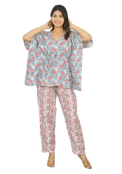 KAVERI KREATIONS Women's Cotton Printed Short Kaftan with Pants | Comfortable Free Size Kaftan Top & Bottom Set with Pocket (Grey & Pink)-picture-20