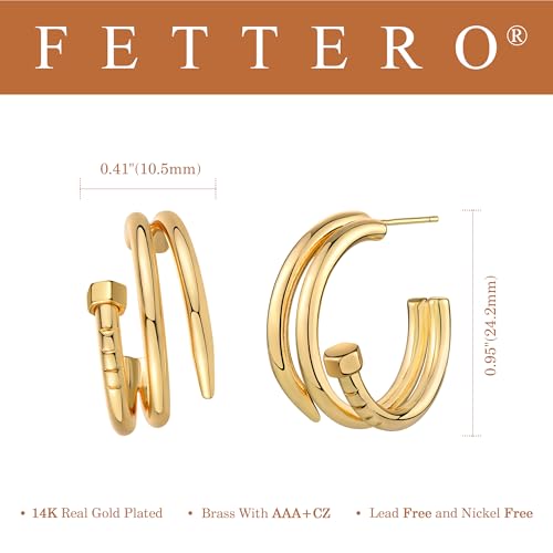 FETTERO Split Hoop Earrings 14K Gold Plated Chunky Hoop Earrings for Women Dainty Hypoallergenic Half Hoop Earring Jewelry Triple Hoop Earrings