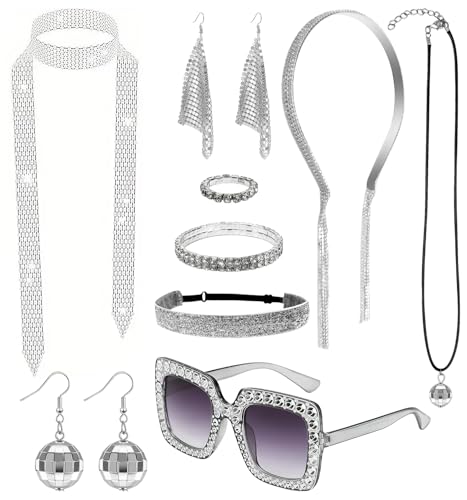 Molirex 9 Pcs 70s Disco Accessories Women Silver Disco Outfits Disco Costume Set with Sequin Scarf Diamond Headband Bracelet and Sunglasses Ball Necklace Earrings