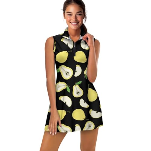 GULANGYU Pear Print Tennis Dresses for Women Fruit Theme Tennis Dress with Shorts & Pockets Blue Plus Size Athletic Dress Sleeveless Zip Up Golf Outfits for All Seasons XS