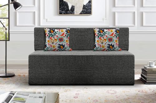 Image of Los Angeles Foldable Two Seater Sofa Cum Bed, Sofa Bed 4 X 6 Feet Jute Fabric Washable Cover- Including Cushion Perfect for Living Room - Black
