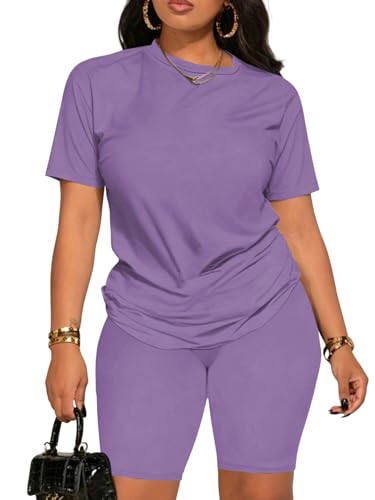 Ulovmi Women 2 Piece Outfits Summer Sweatsuits Track Suits Biker Short Workout Jogger Sets Purple XL