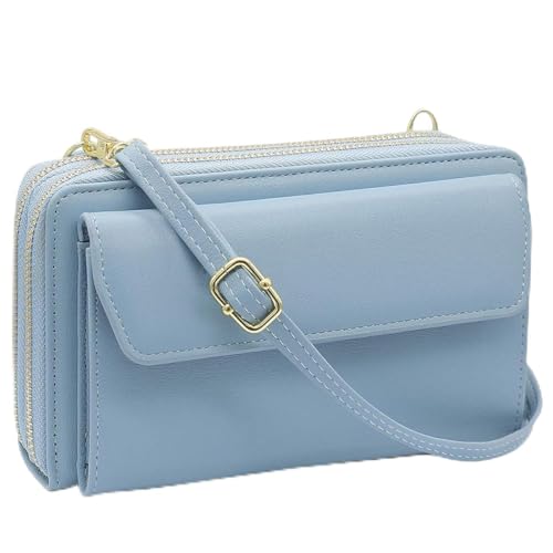 Image of Women Leather Wallet Crossbody Shoulder Bag with Double Zipper and Mobile Phone Purse with Shoulder Strap