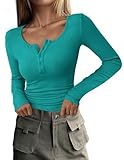 Picture of PRETTYGARDEN Women's 2025 Fall Long Sleeve Henley T Shirts Button Ribbed Knit Slim Fit Basic Tops Blouse Casual Outfits (Malachite Green,Medium)