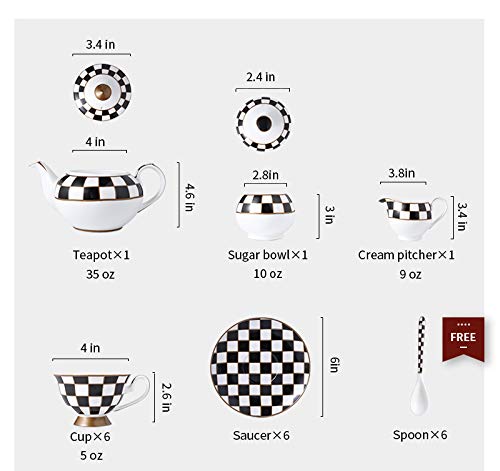 Porlien Checker Pattern 17-Piece Tea Set For 6 With Teapot, 5-Ounce Teacups And Saucers, Milk Jug & Sugar Bowl（Without Rack) #TOP1