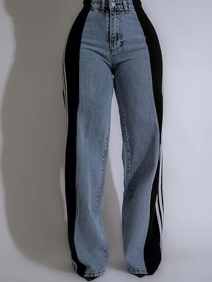 Women's Color Block Wide Leg Denim Pants High Waisted Patchwork Stripes Jeans Stretchy Two Tone Jeans Trousers2
