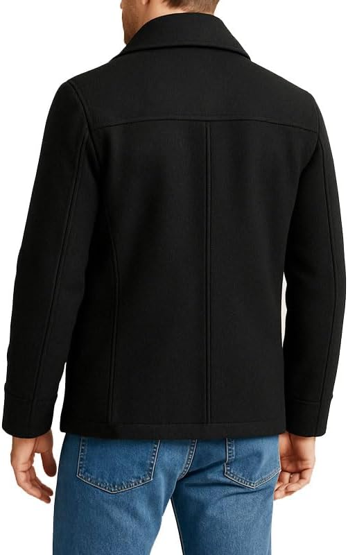 Men’s Black Wool Peacoat – Classic Double Breasted Winter Jacket with Lapel Collar & Warm Lining