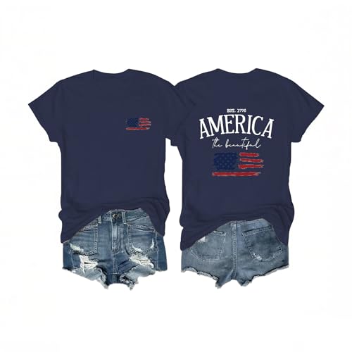 Women's 4th of July Outfits USA Shirt Memorial Day Red White and Blue Patriotic Shirts American Flag Graphic Tees (Blue-2,XXL)