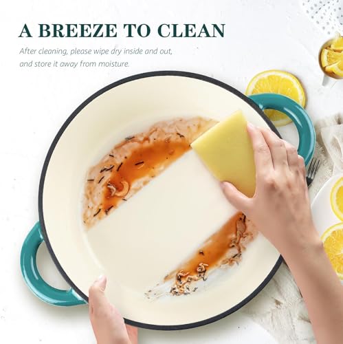 Overmont 26cm/5.2L Enamelled Cast Iron Round Casserole Pot With Lid Cookbook & Cotton Potholders - Non-stick Dutch Oven Cookware for Braising, Stews, Roasting, Bread Baking - Bottle green, 5.5QT - Image 4