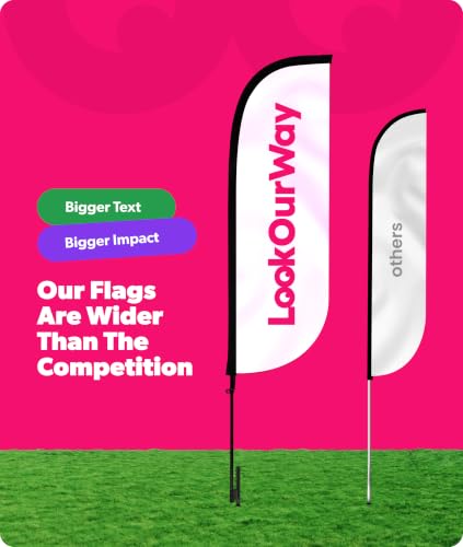 Image of LookOurWay Feather Flag Pole Kit - 7 Feet Tall Advertising Banner with Fiberglass Pole Set and Ground Spike for Business Promotion - Open Flags - Now Open Red & Yellow