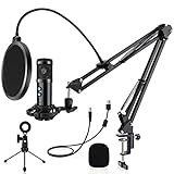【2021最新版】USBマイク コンデンサーマイク PCマイク マイクセット 単一指向性 高音質 【エコー機能+ボリューム調整+ミュートボタン+イヤホン端子】 マイクスタンド(アームスタンドと三脚スタンド付き)ポップガード付き 録音 YOUTUBE ゲーム実況 在宅勤務 Windows/Mac対応