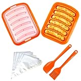 Silicone Sausage Mold 2 Pcs With A Set Of Silicone Brush Spatula And 25X Pastry Bags, Non-Stick Hot Dog Bun Pan, Diy Handmade Ham Sausage, Hot Dogs Baking Mold For Children's Food With Lid, Orange