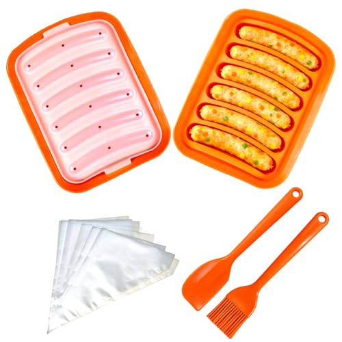 Silicone Sausage Mold 2 Pcs With A Set Of Silicone Brush Spatula And 25X Pastry Bags, Non-Stick Hot Dog Bun Pan, Diy Handmade Ham Sausage, Hot Dogs Baking Mold For Children's Food With Lid, Orange