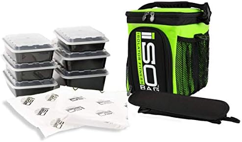 Isolator Fitness 3 Meal ISOCUBE Meal Prep Management Insulated Lunch Bag Cooler with 6 Stackable Meal Prep Containers, 2 ISOBRICKS, and Shoulder Strap - MADE IN USA (Neon Green)