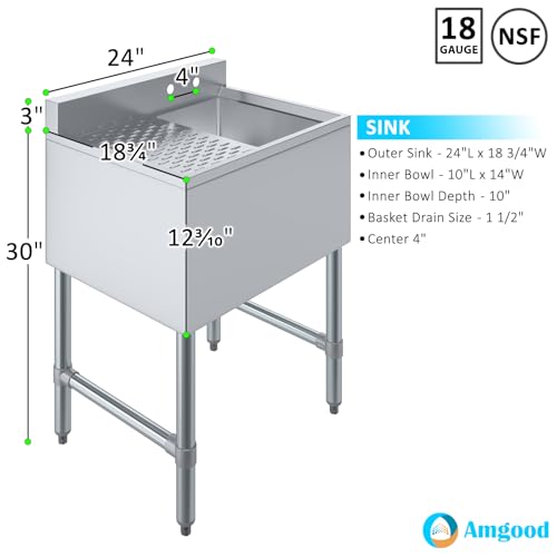 Image of AmGood One Compartment Stainless Steel Under bar Sink (Sink Size: 24 inchx19 inch, Single Bowl + 12 inch Left Drainboard)
