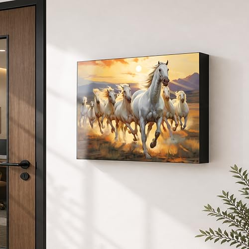 Image of Electric MCB Box Cover Frame With Hydraulic Decorative White 8 Running Horse Painting Electrical Panel box Cover, Switch Box Frame Will Fit Max 15x20 inch Switch Board, Outer Box Size 17X23 Inch