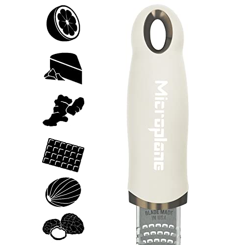 Image of Microplane Zester Grater in Cashmere Beige for Citrus Fruits, Hard Cheese, Ginger, Chocolate and Nutmeg with Fine Stainless Steel Blade - Made in USA