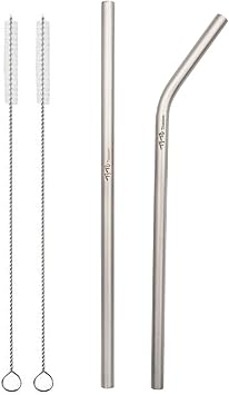 TiTo Titanium straw supper strong and ultralight Drinking straw with cleaning brush Dia 7mm X 0.4mm with bent and straight two shape pack of 2 1 straight & 1 bent